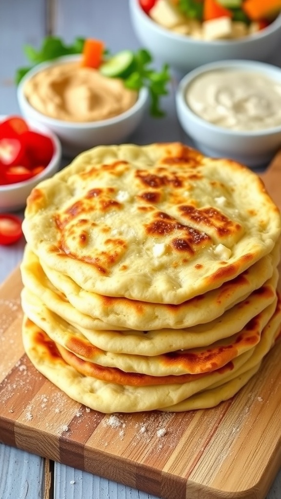 A stack of golden Greek yogurt flatbreads on a cutting board with bowls of hummus and vegetables in the background.